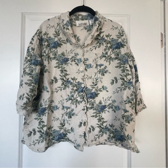 Vintage blue floral button up top size Xl / garden party, grandma floral - Picture 1 of 7